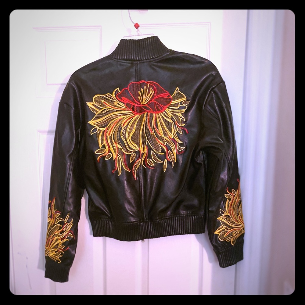 Leather embroidered bomber jacket